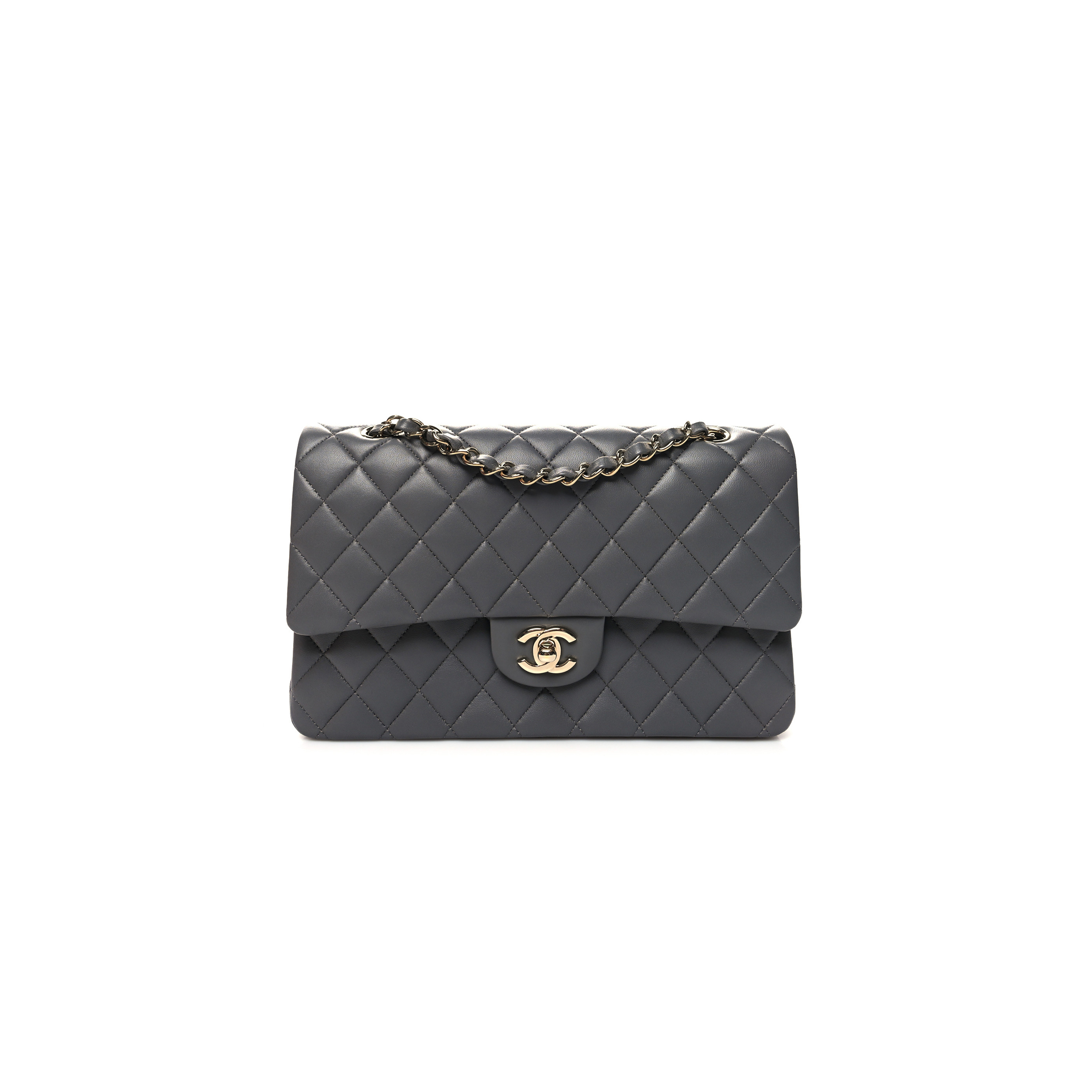 Ch*el lambskin quilted double flap dark grey as1112 (25.5*15.5*6.5cm)